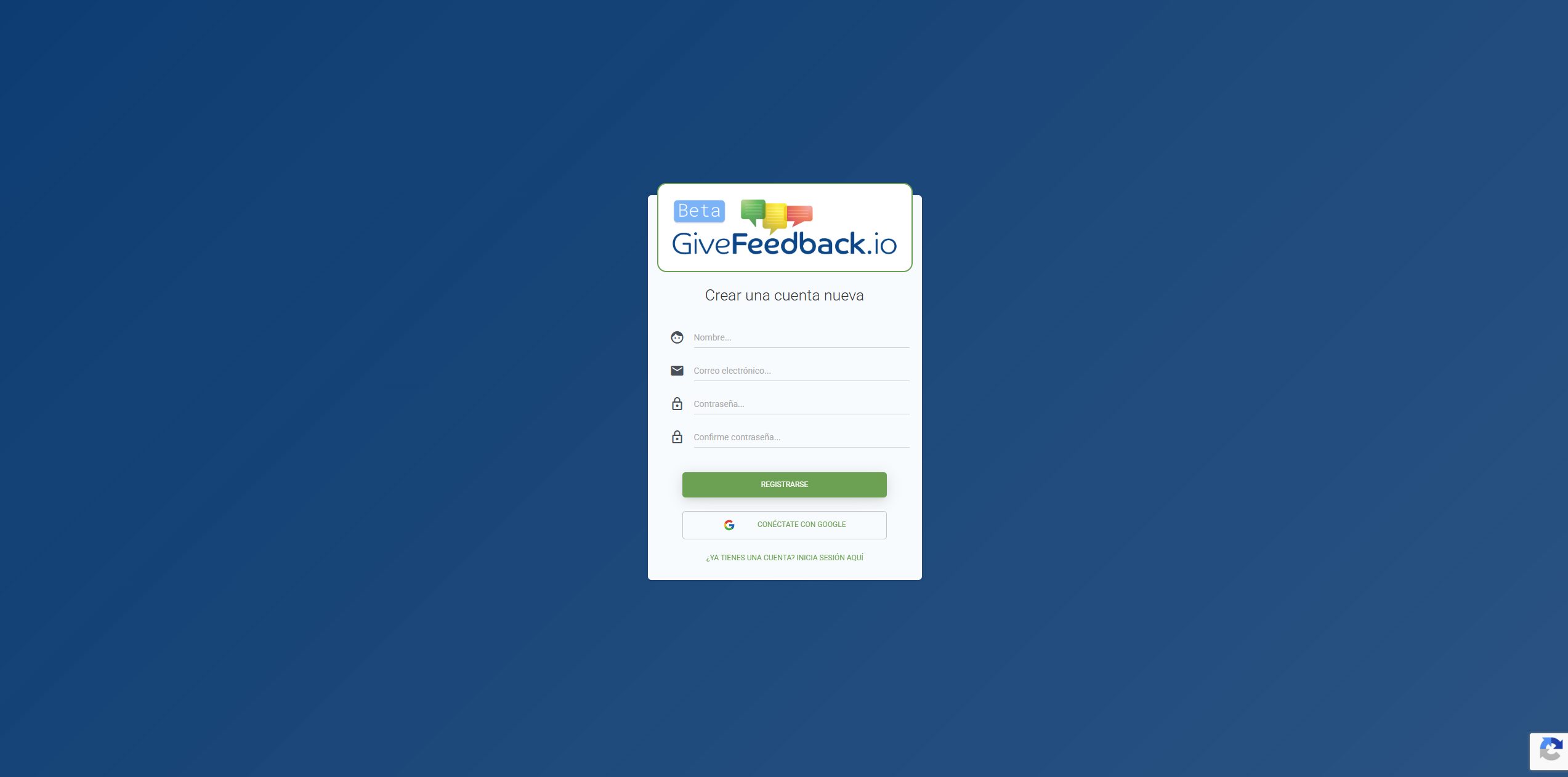 GiveFeedback antes: pantalla de registro antigua